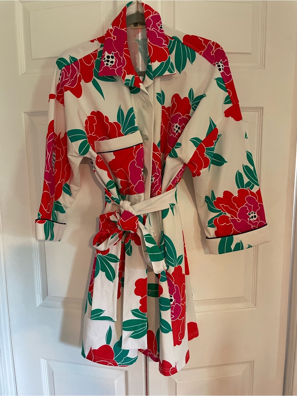 Floral Tie-Waist Trench Coat - White with Red & Green Floral Print